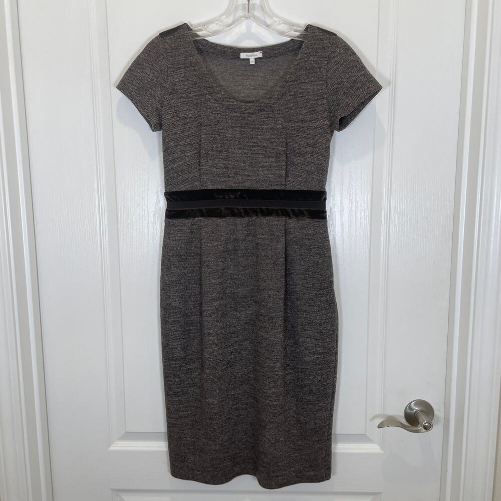MaxMara Vintage Tweed Pencil Dress‎ Y2K Brown Wool Velvet Short Sleeve Midi 38 4